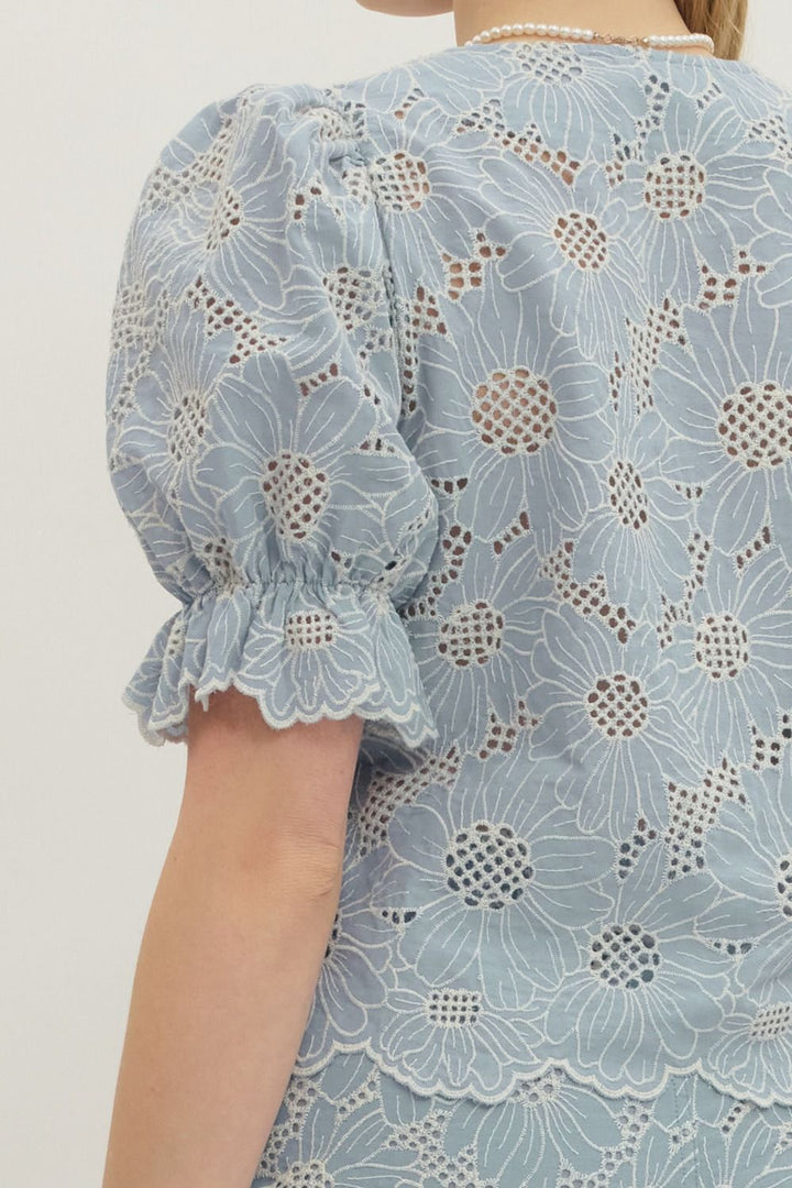 Floral Lace Scallop Hem Puff Sleeve Top - Lush Lemon - Women's Clothing - Entro - 77067961035037