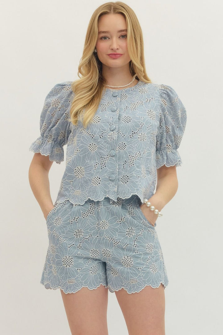 Floral Lace Scallop Hem Puff Sleeve Top - Lush Lemon - Women's Clothing - Entro - 77067961035037