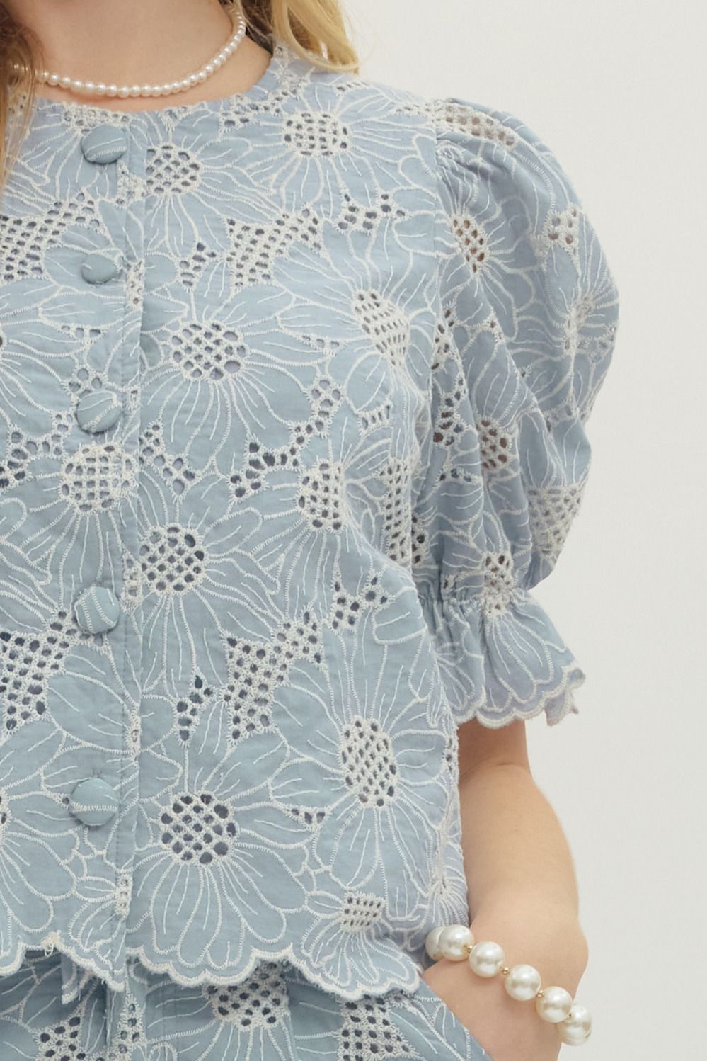 Floral Lace Scallop Hem Puff Sleeve Top - Lush Lemon - Women's Clothing - Entro - 77067961035037