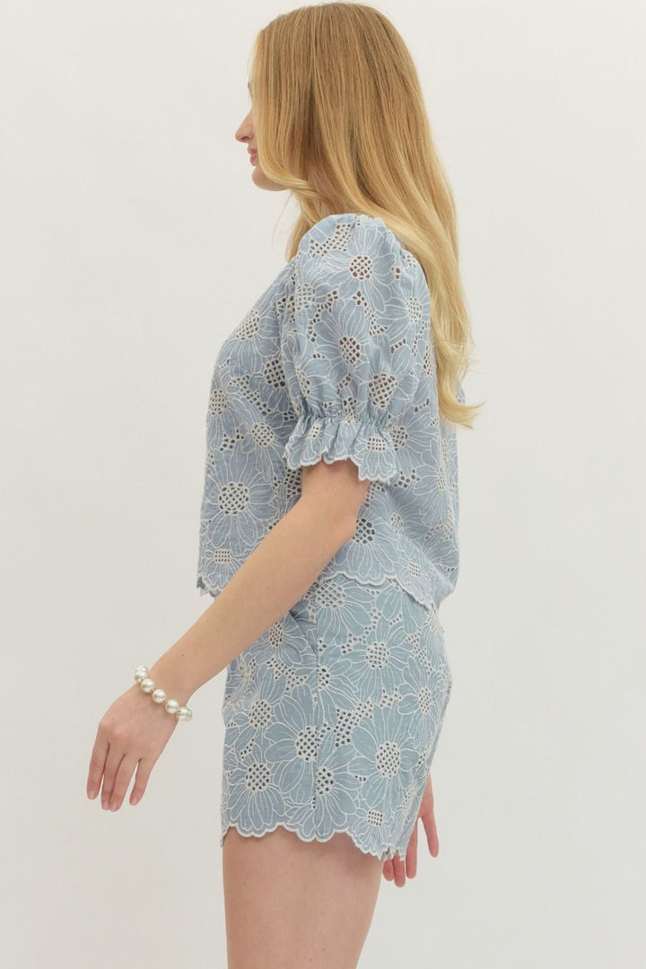 Floral Lace Scallop Hem Puff Sleeve Top - Lush Lemon - Women's Clothing - Entro - 77067961035037