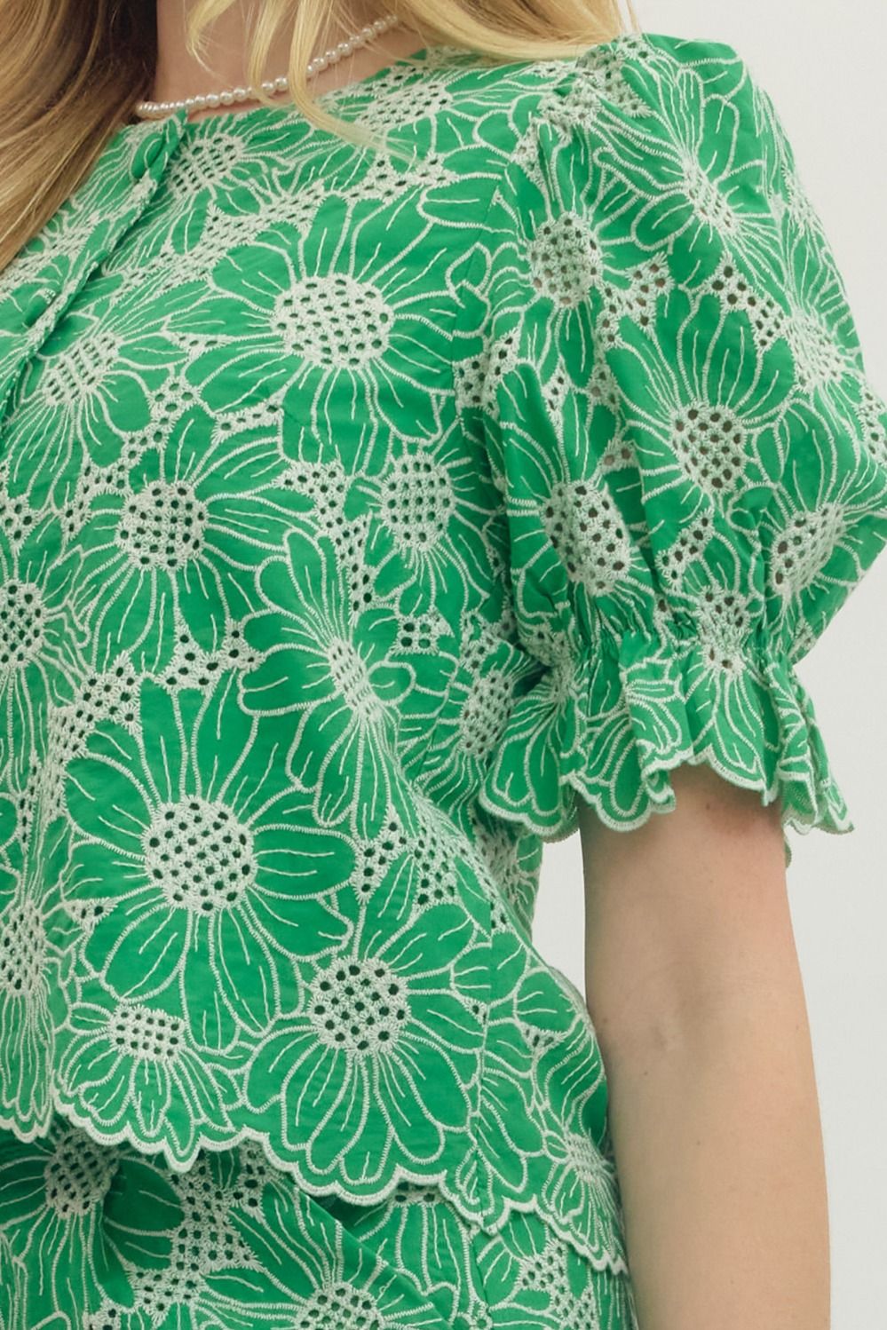 Floral Lace Scallop Hem Puff Sleeve Top - Lush Lemon - Women's Clothing - Entro - 88265021310493