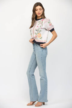 Floral Motif Short Sleeve Sweater - Lush Lemon - Women&
