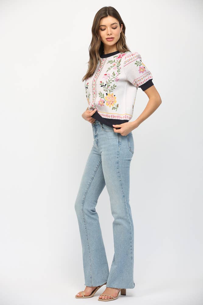 Floral Motif Short Sleeve Sweater - Lush Lemon - Women's Clothing - Fate By LFD - 15512921069821