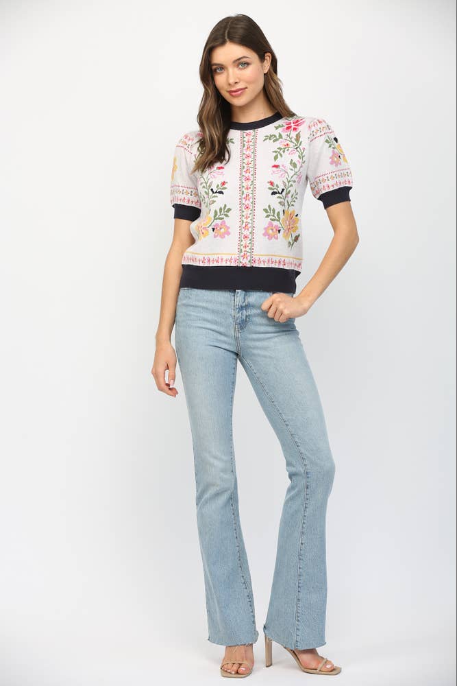 Floral Motif Short Sleeve Sweater - Lush Lemon - Women's Clothing - Fate By LFD - 15512921069821