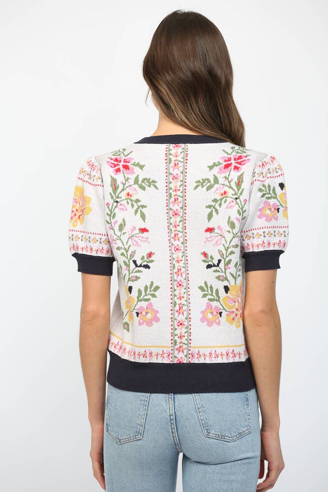 Floral Motif Short Sleeve Sweater - Lush Lemon - Women's Clothing - Fate By LFD - 15512921069821