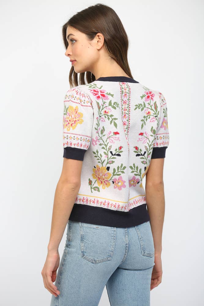 Floral Motif Short Sleeve Sweater - Lush Lemon - Women's Clothing - Fate By LFD - 15512921069821