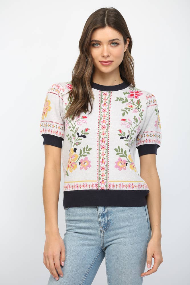 Floral Motif Short Sleeve Sweater - Lush Lemon - Women's Clothing - Fate By LFD - 15512921069821
