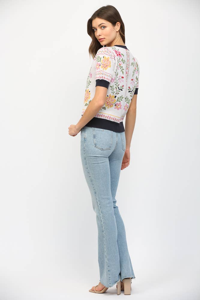 Floral Motif Short Sleeve Sweater - Lush Lemon - Women's Clothing - Fate By LFD - 15512921069821