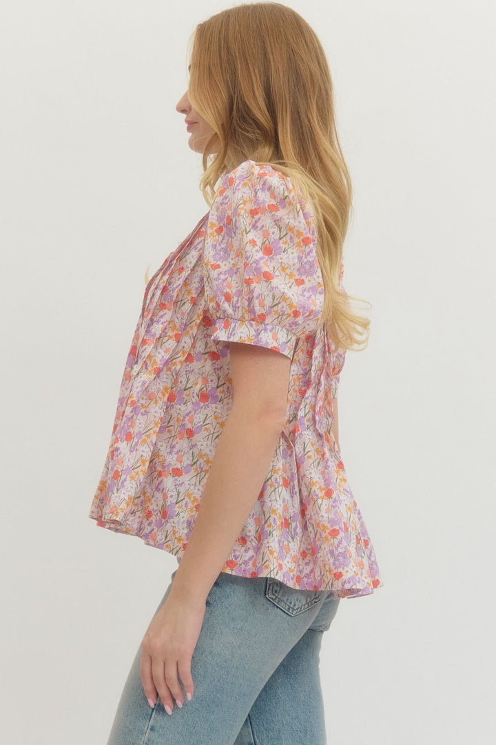 Floral Pintuck Puff Sleeve Top W/ Tie Neck - Lush Lemon - Women's Clothing - Entro - 29621361090621