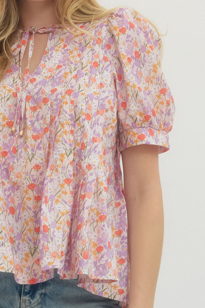 Floral Pintuck Puff Sleeve Top W/ Tie Neck - Lush Lemon - Women's Clothing - Entro - 29621361090621