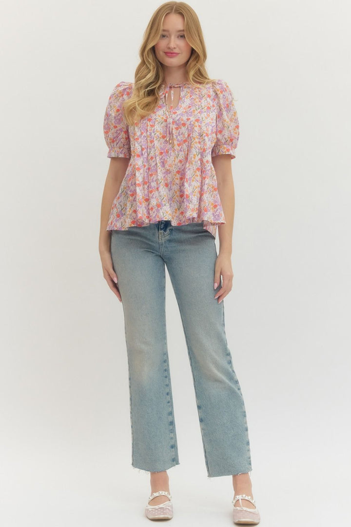 Floral Pintuck Puff Sleeve Top W/ Tie Neck - Lush Lemon - Women's Clothing - Entro - 29621361090621