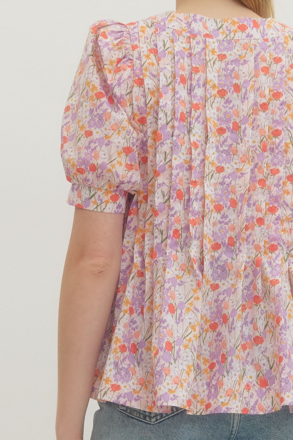 Floral Pintuck Puff Sleeve Top W/ Tie Neck - Lush Lemon - Women's Clothing - Entro - 29621361090621