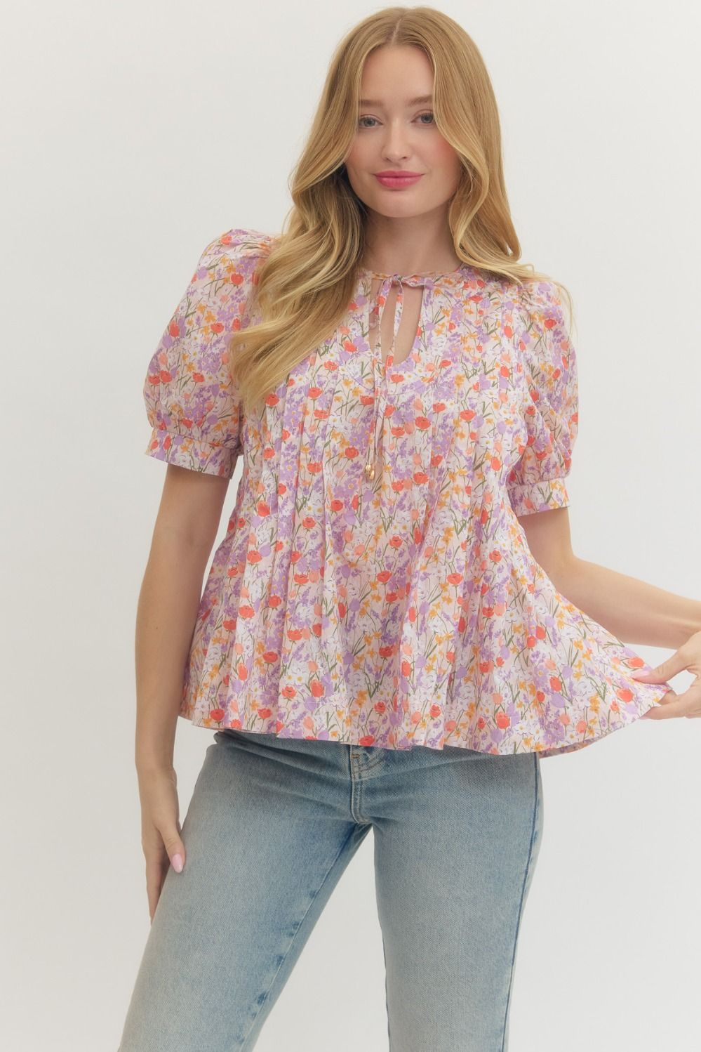 Floral Pintuck Puff Sleeve Top W/ Tie Neck - Lush Lemon - Women's Clothing - Entro - 29621361090621