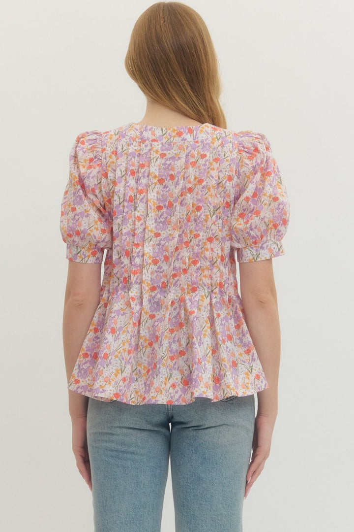 Floral Pintuck Puff Sleeve Top W/ Tie Neck - Lush Lemon - Women's Clothing - Entro - 29621361090621