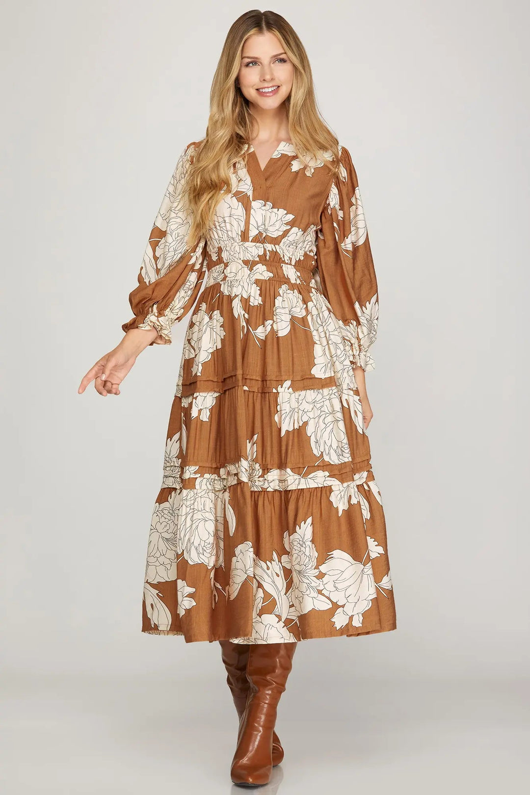Floral Pintuck Tiered Midi Dress W/ Pockets - Lush Lemon - Women's Clothing - She + Sky - 33966301095997