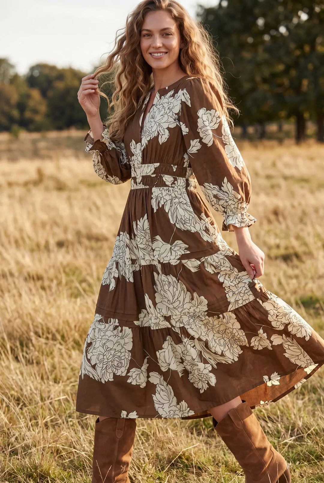 Floral Pintuck Tiered Midi Dress W/ Pockets - Lush Lemon - Women&