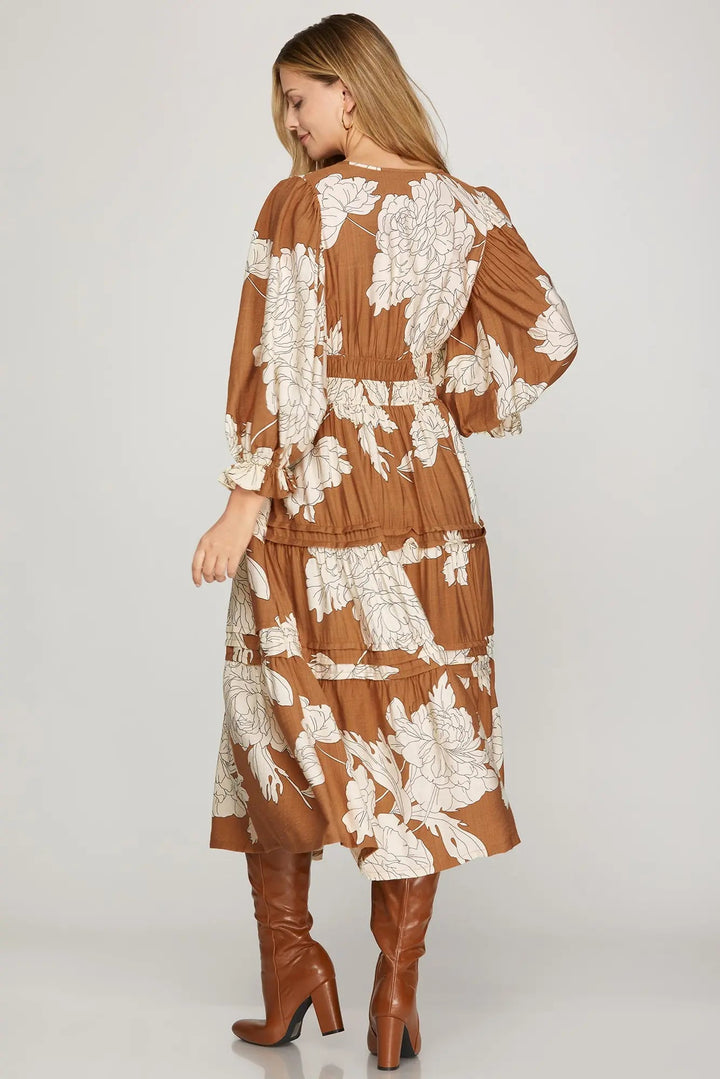 Floral Pintuck Tiered Midi Dress W/ Pockets - Lush Lemon - Women&