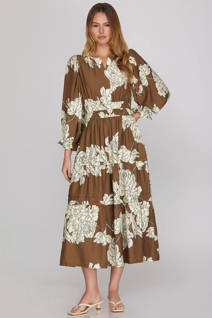 Floral Pintuck Tiered Midi Dress W/ Pockets - Lush Lemon - Women&