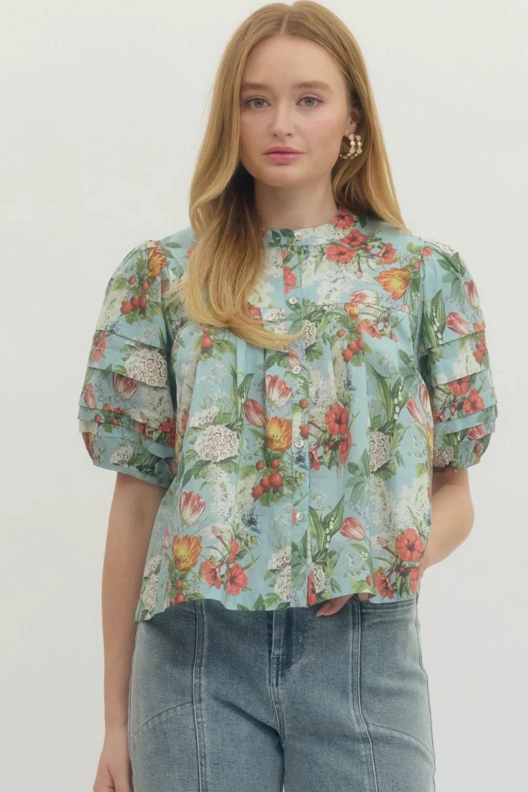 Floral Pleated Puff Sleeve Top - Lush Lemon - Women's Clothing - Entro - 52168081050493