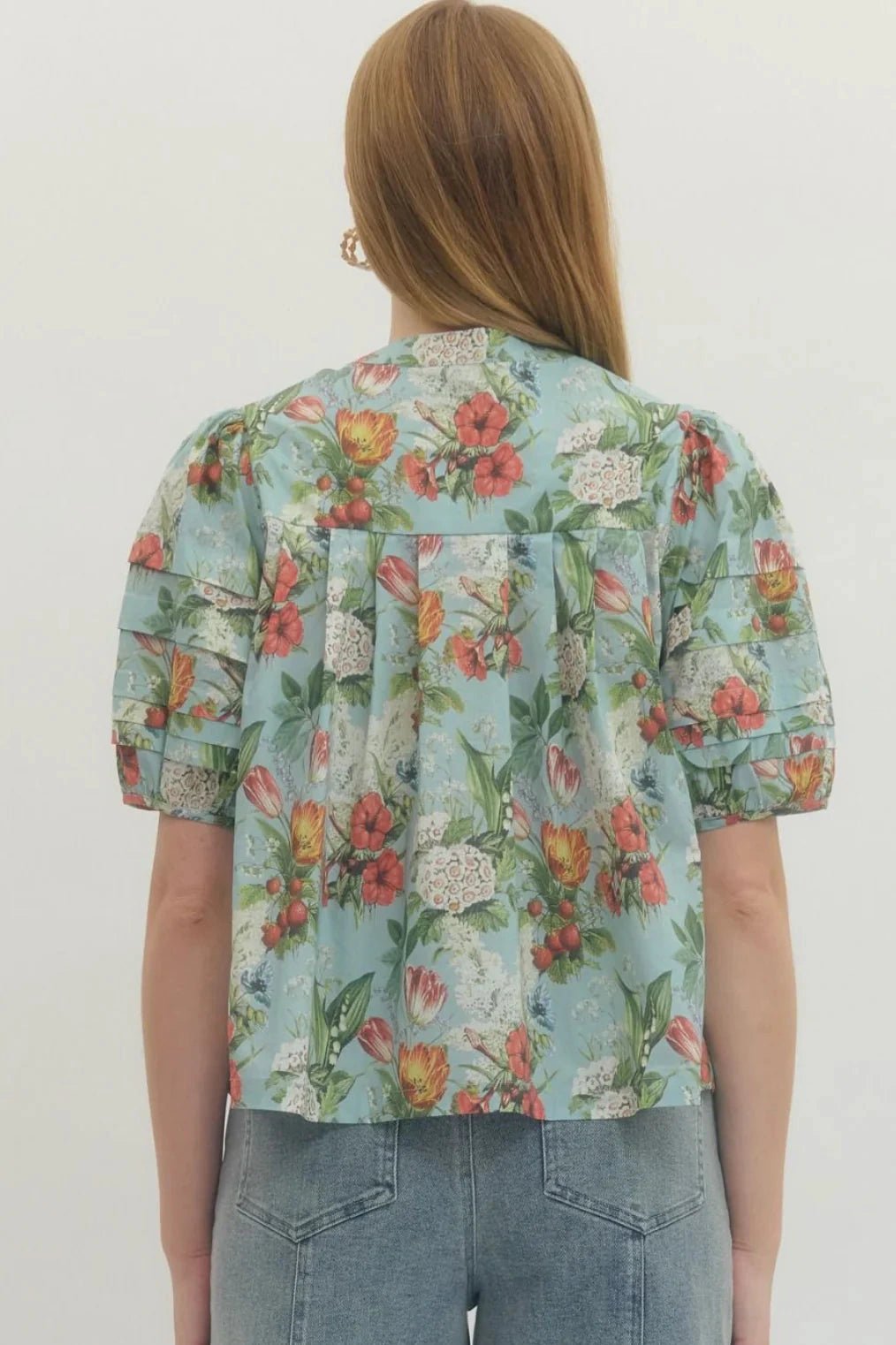Floral Pleated Puff Sleeve Top - Lush Lemon - Women's Clothing - Entro - 52168081050493