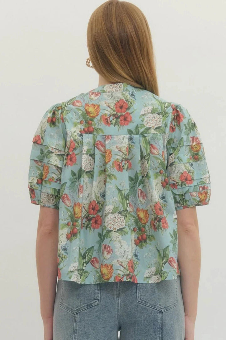 Floral Pleated Puff Sleeve Top - Lush Lemon - Women's Clothing - Entro - 52168081050493