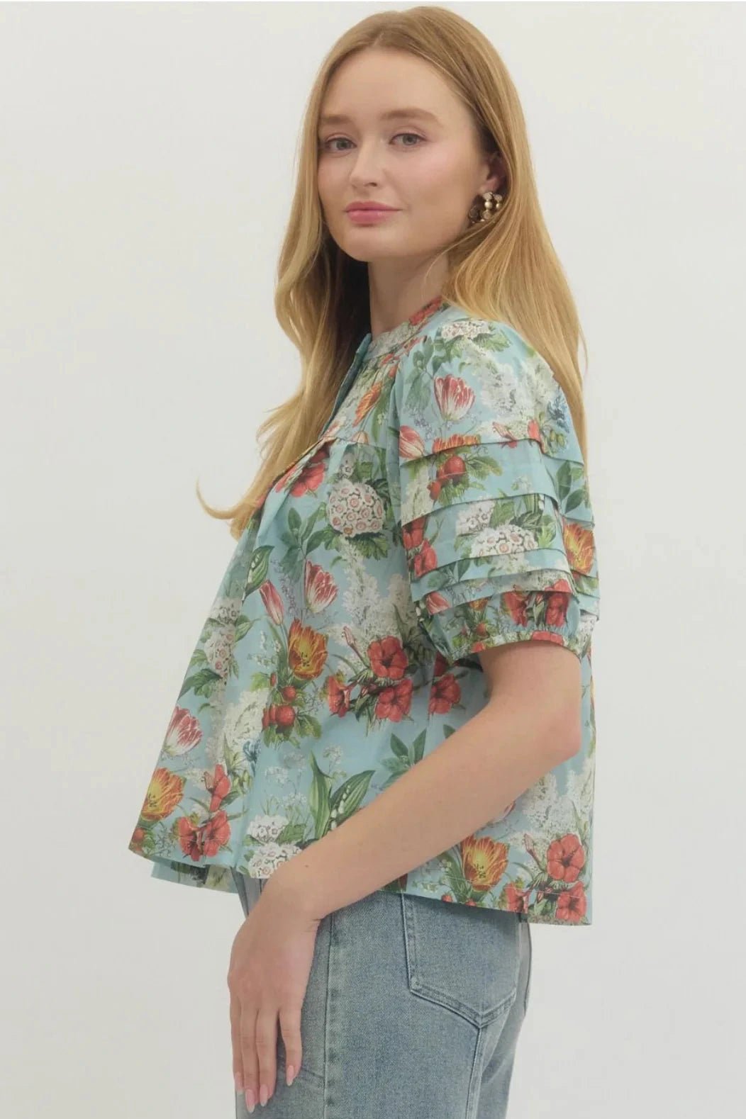 Floral Pleated Puff Sleeve Top - Lush Lemon - Women's Clothing - Entro - 52168081050493