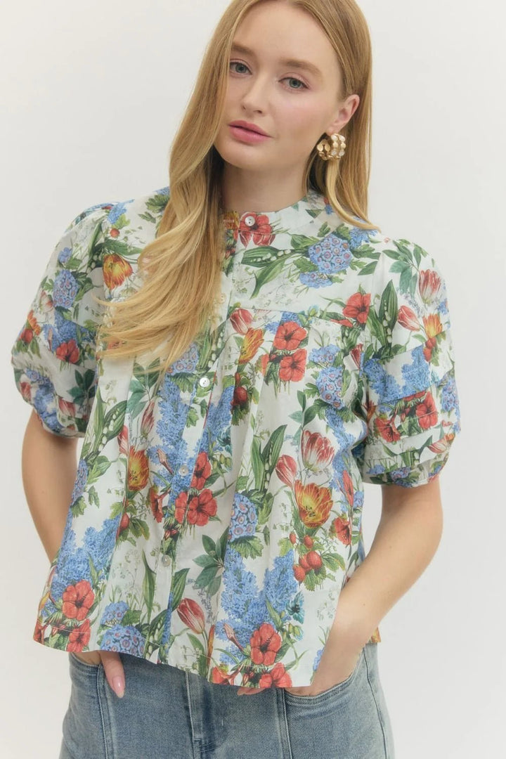 Floral Pleated Puff Sleeve Top - Lush Lemon - Women's Clothing - Entro - 52168081348797