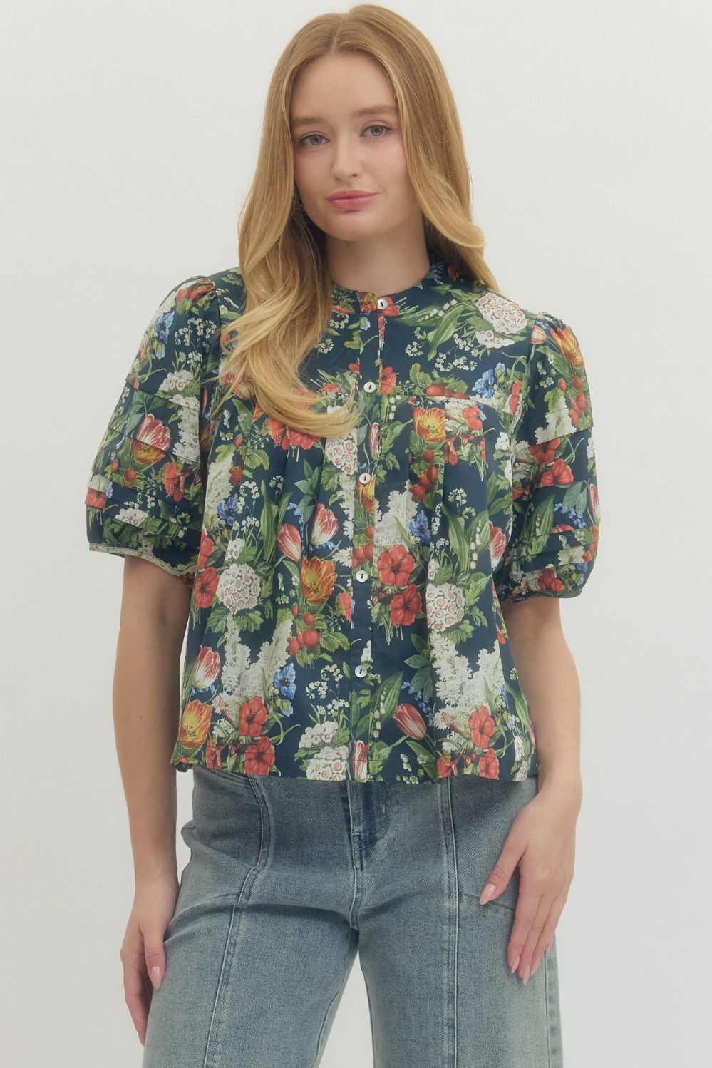 Floral Pleated Puff Sleeve Top - Lush Lemon - Women's Clothing - Entro - 52168081647101