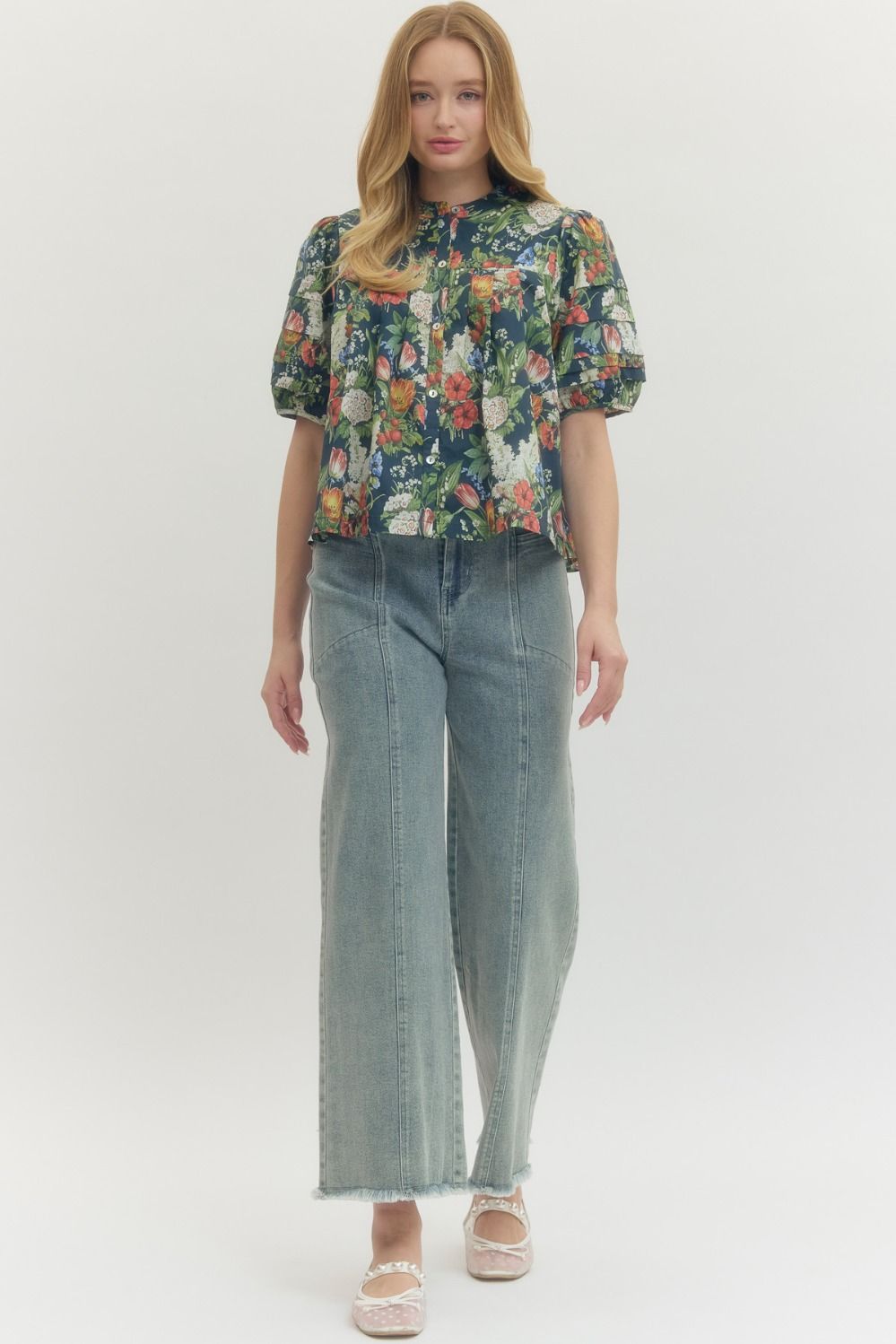 Floral Pleated Puff Sleeve Top - Lush Lemon - Women's Clothing - Entro - 52168081647101