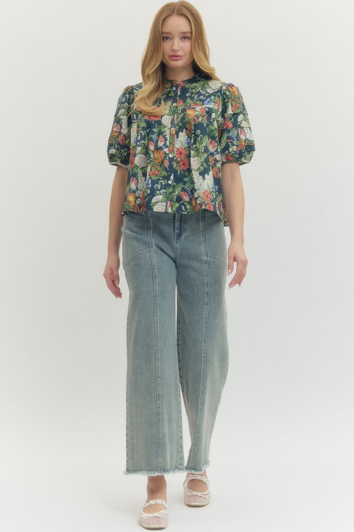 Floral Pleated Puff Sleeve Top - Lush Lemon - Women's Clothing - Entro - 52168081647101
