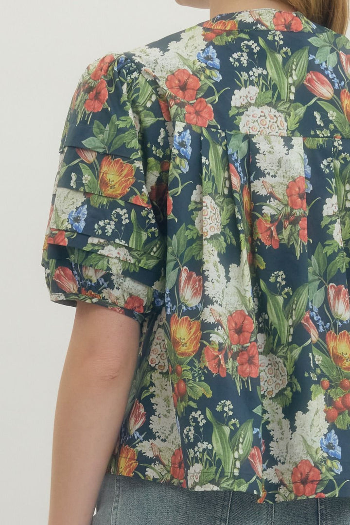 Floral Pleated Puff Sleeve Top - Lush Lemon - Women's Clothing - Entro - 52168081647101