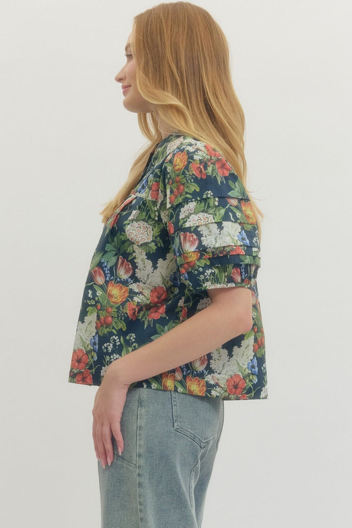 Floral Pleated Puff Sleeve Top - Lush Lemon - Women's Clothing - Entro - 52168081647101