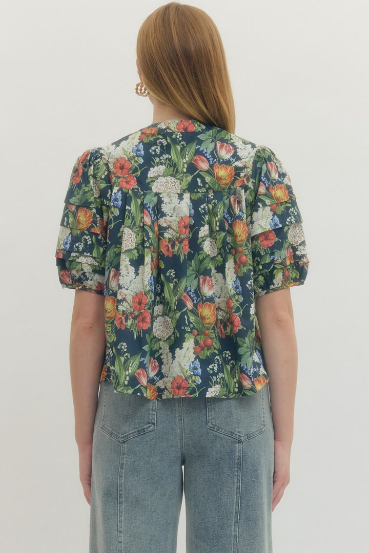 Floral Pleated Puff Sleeve Top - Lush Lemon - Women's Clothing - Entro - 52168081647101