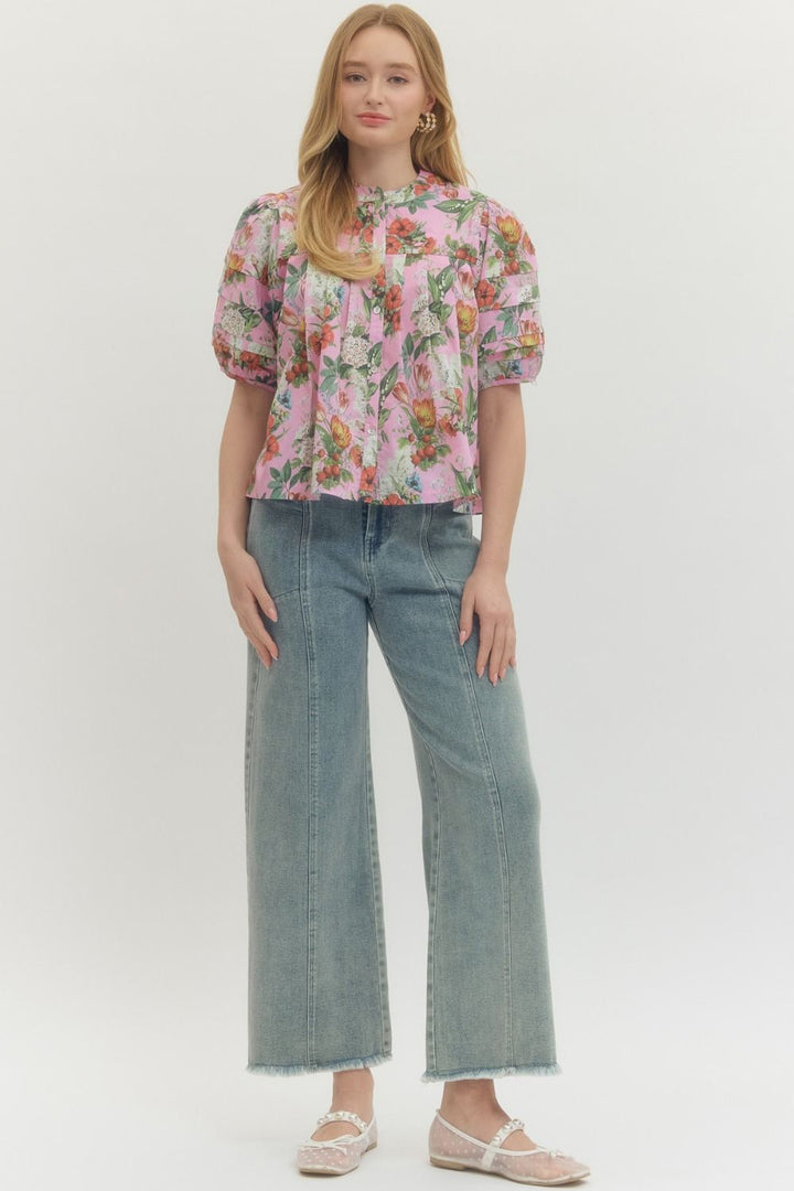 Floral Pleated Puff Sleeve Top - Lush Lemon - Women's Clothing - Entro - 52168081945405