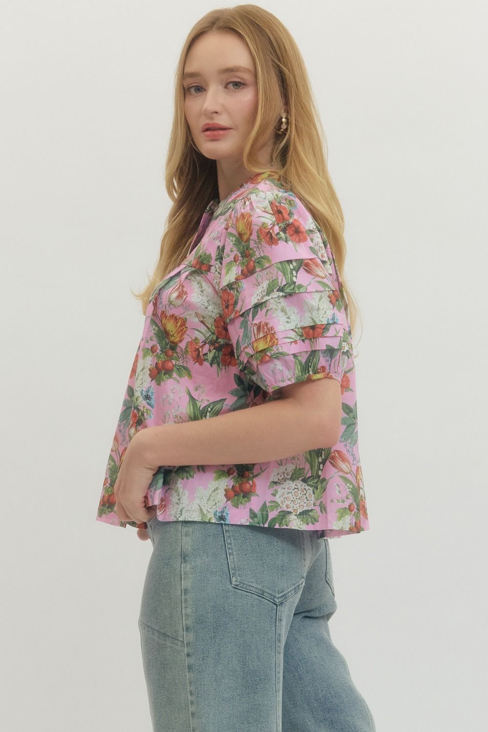 Floral Pleated Puff Sleeve Top - Lush Lemon - Women's Clothing - Entro - 52168081945405