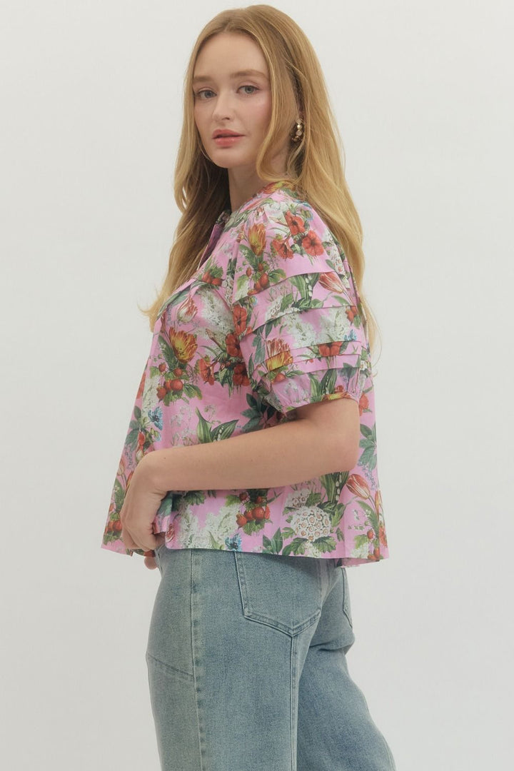 Floral Pleated Puff Sleeve Top - Lush Lemon - Women's Clothing - Entro - 52168081945405
