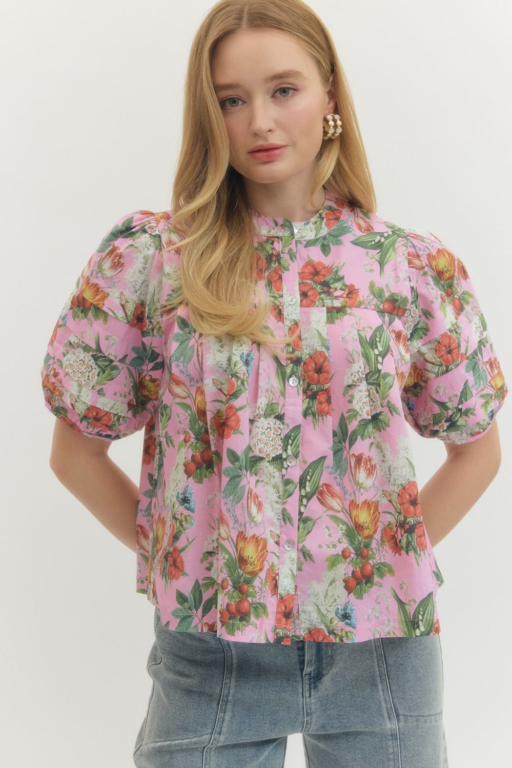 Floral Pleated Puff Sleeve Top - Lush Lemon - Women's Clothing - Entro - 52168081945405