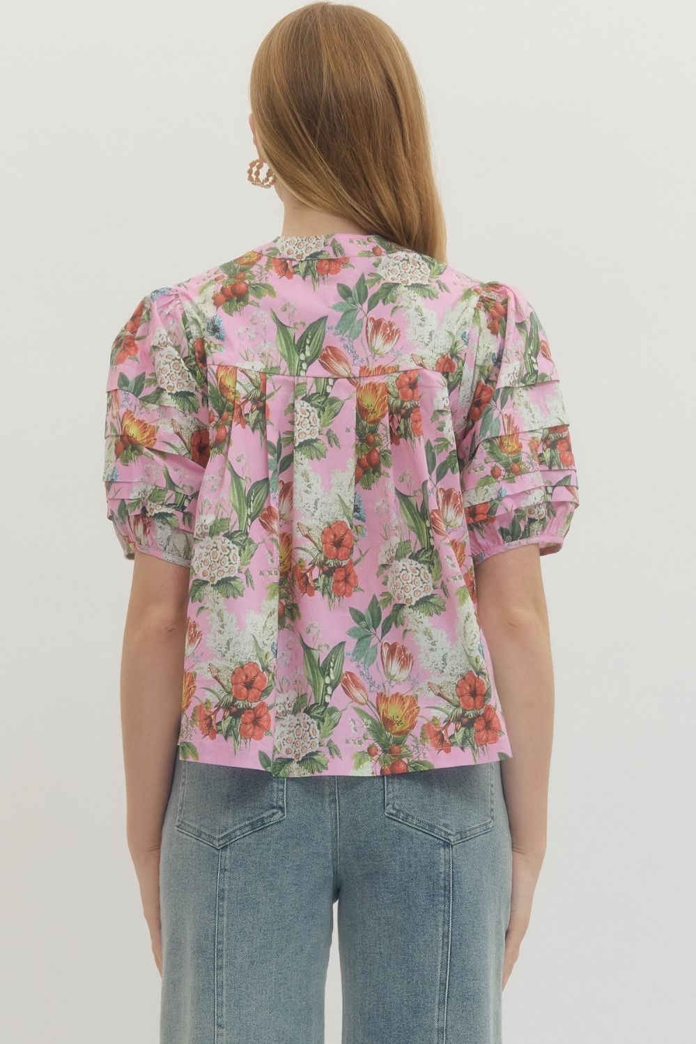 Floral Pleated Puff Sleeve Top - Lush Lemon - Women's Clothing - Entro - 52168081945405