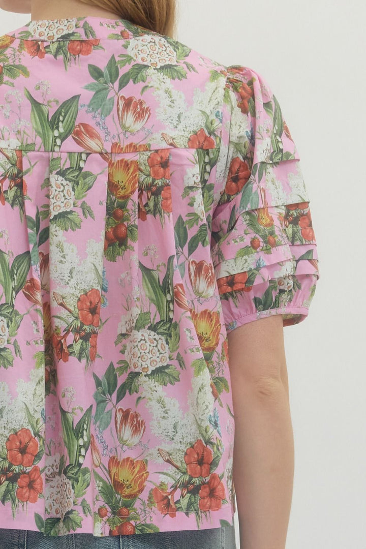 Floral Pleated Puff Sleeve Top - Lush Lemon - Women's Clothing - Entro - 52168081945405
