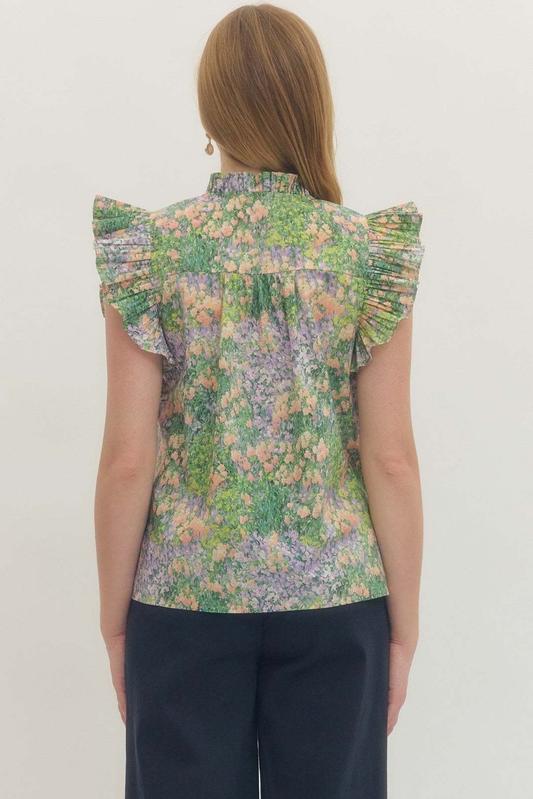 Floral Pleated Ruffle Sleeve Top - Lush Lemon - Women's Clothing - Entro - 55514651016029