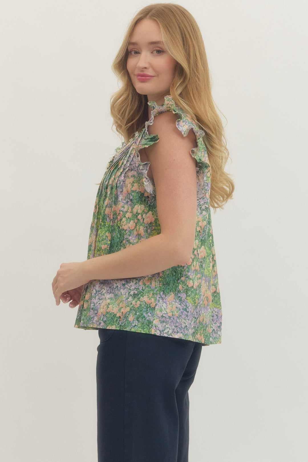 Floral Pleated Ruffle Sleeve Top - Lush Lemon - Women's Clothing - Entro - 55514651016029