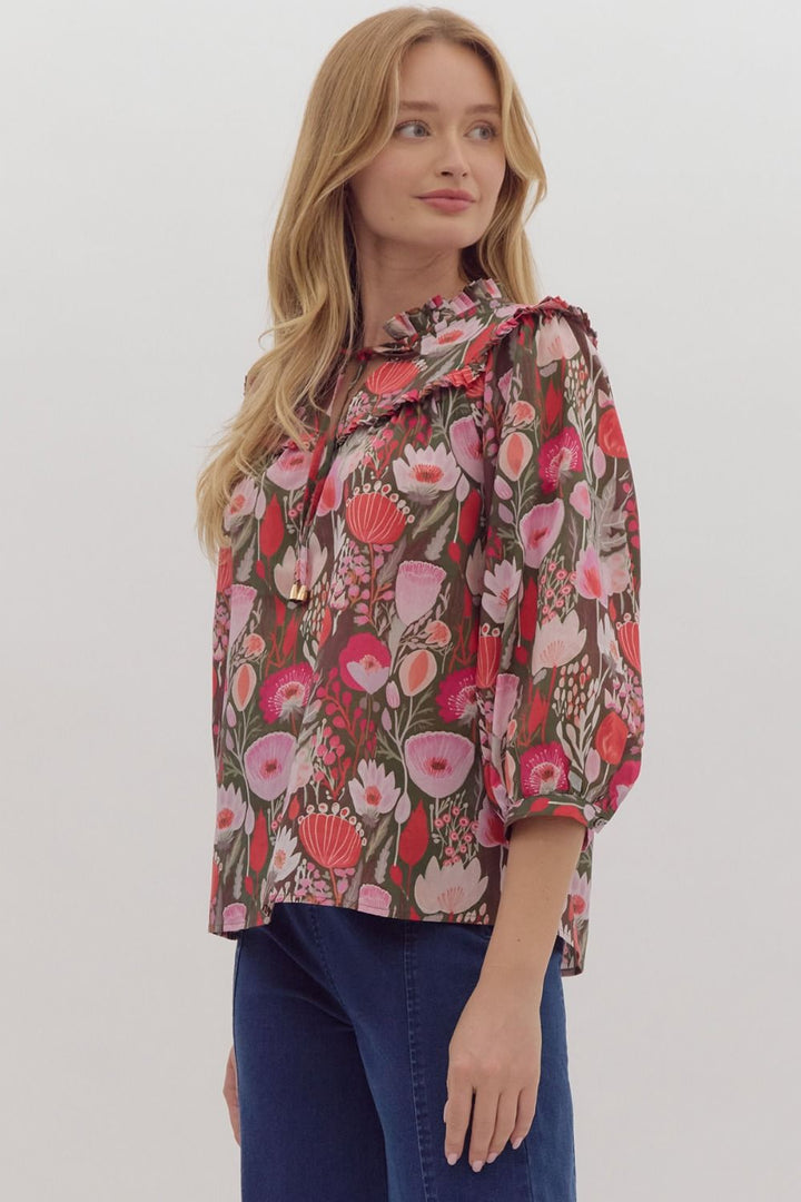 Floral Poplin Blouse W/ Puff Sleeve - Lush Lemon - Women's Clothing - Entro - 253692536921