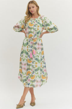 Floral Print Drawstring Waist Midi Dress - Lush Lemon - Women&