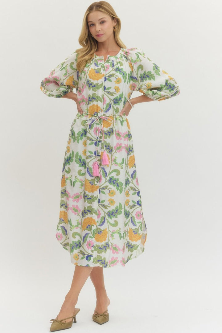 Floral Print Drawstring Waist Midi Dress - Lush Lemon - Women's Clothing - Entro - 39793121041373