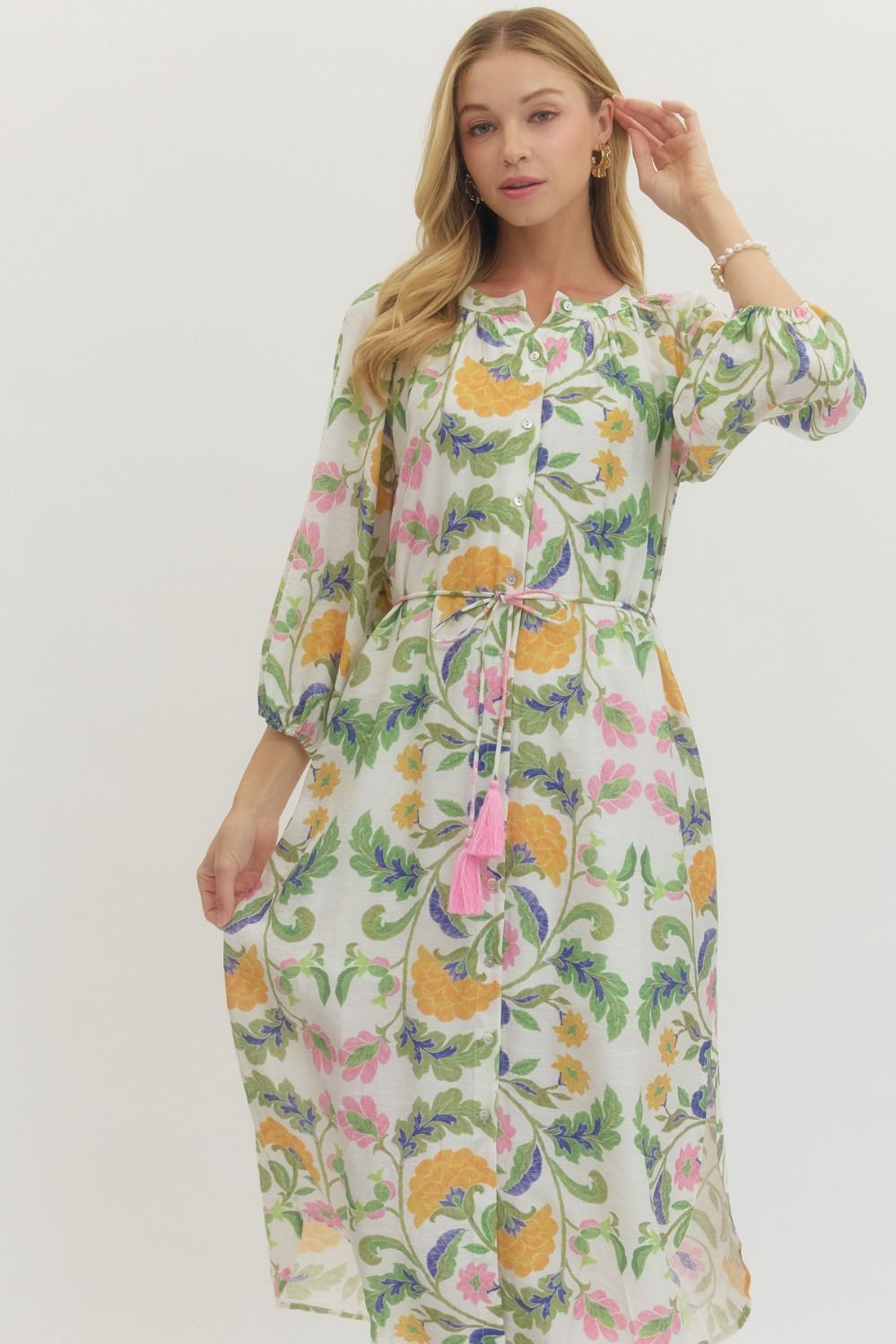 Floral Print Drawstring Waist Midi Dress - Lush Lemon - Women's Clothing - Entro - 39793121041373