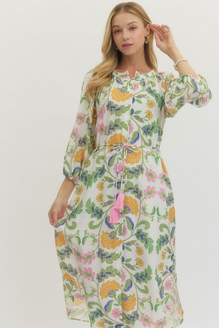 Floral Print Drawstring Waist Midi Dress - Lush Lemon - Women's Clothing - Entro - 39793121041373
