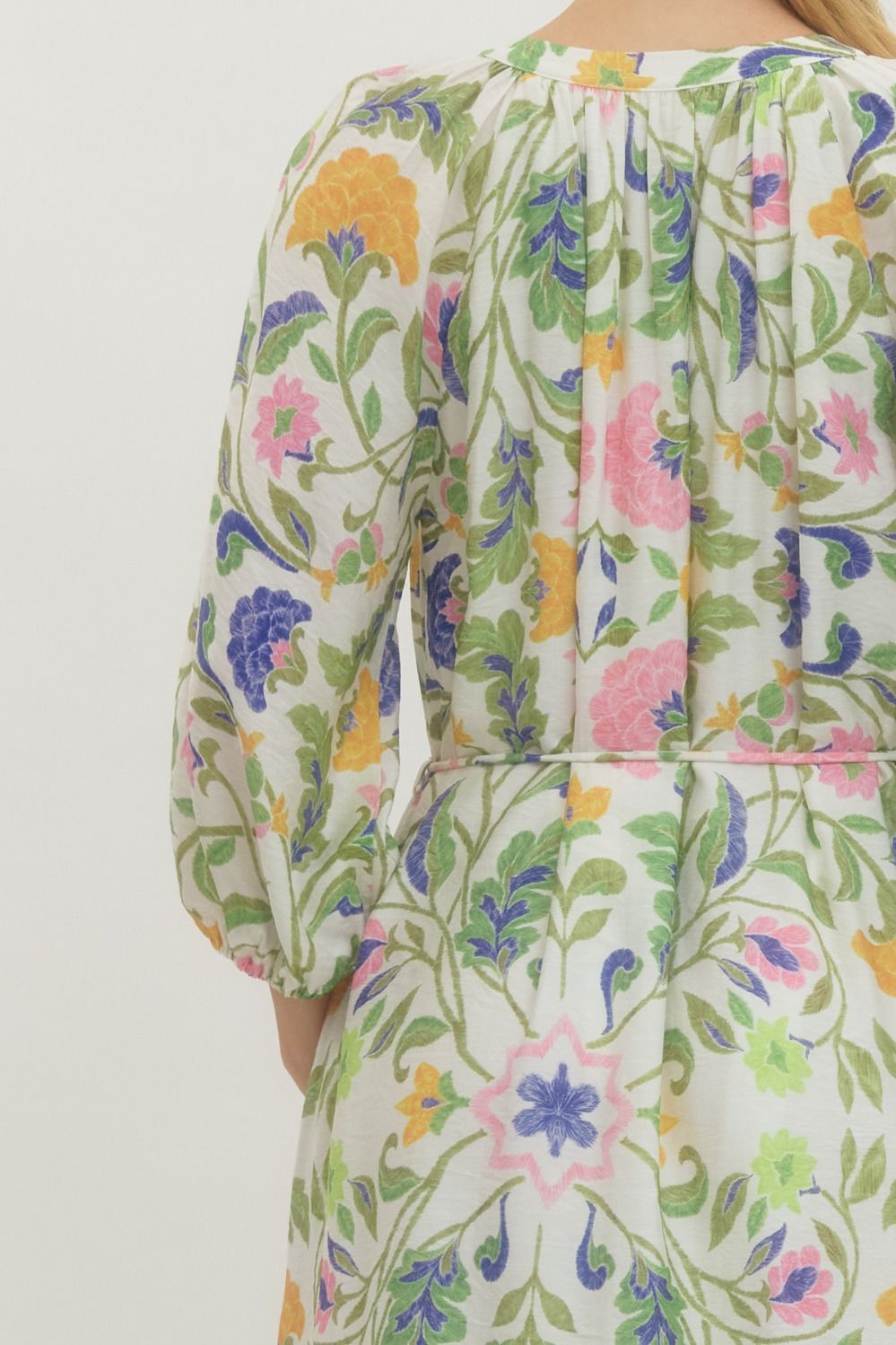 Floral Print Drawstring Waist Midi Dress - Lush Lemon - Women's Clothing - Entro - 39793121041373