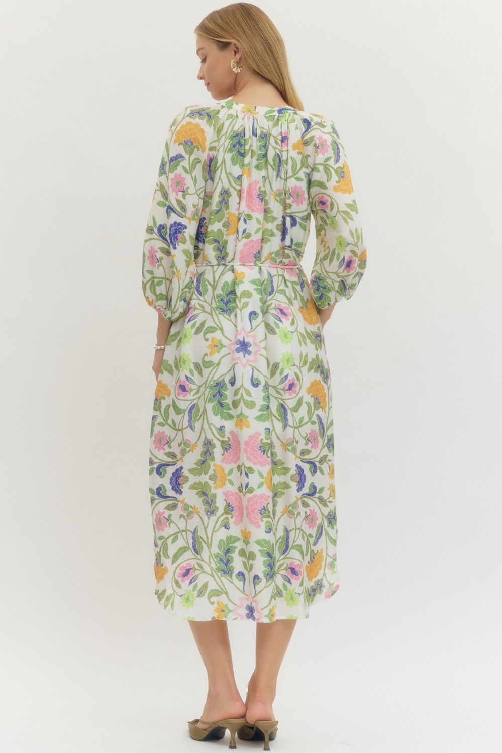 Floral Print Drawstring Waist Midi Dress - Lush Lemon - Women's Clothing - Entro - 39793121041373
