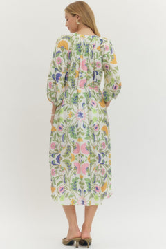 Floral Print Drawstring Waist Midi Dress - Lush Lemon - Women&