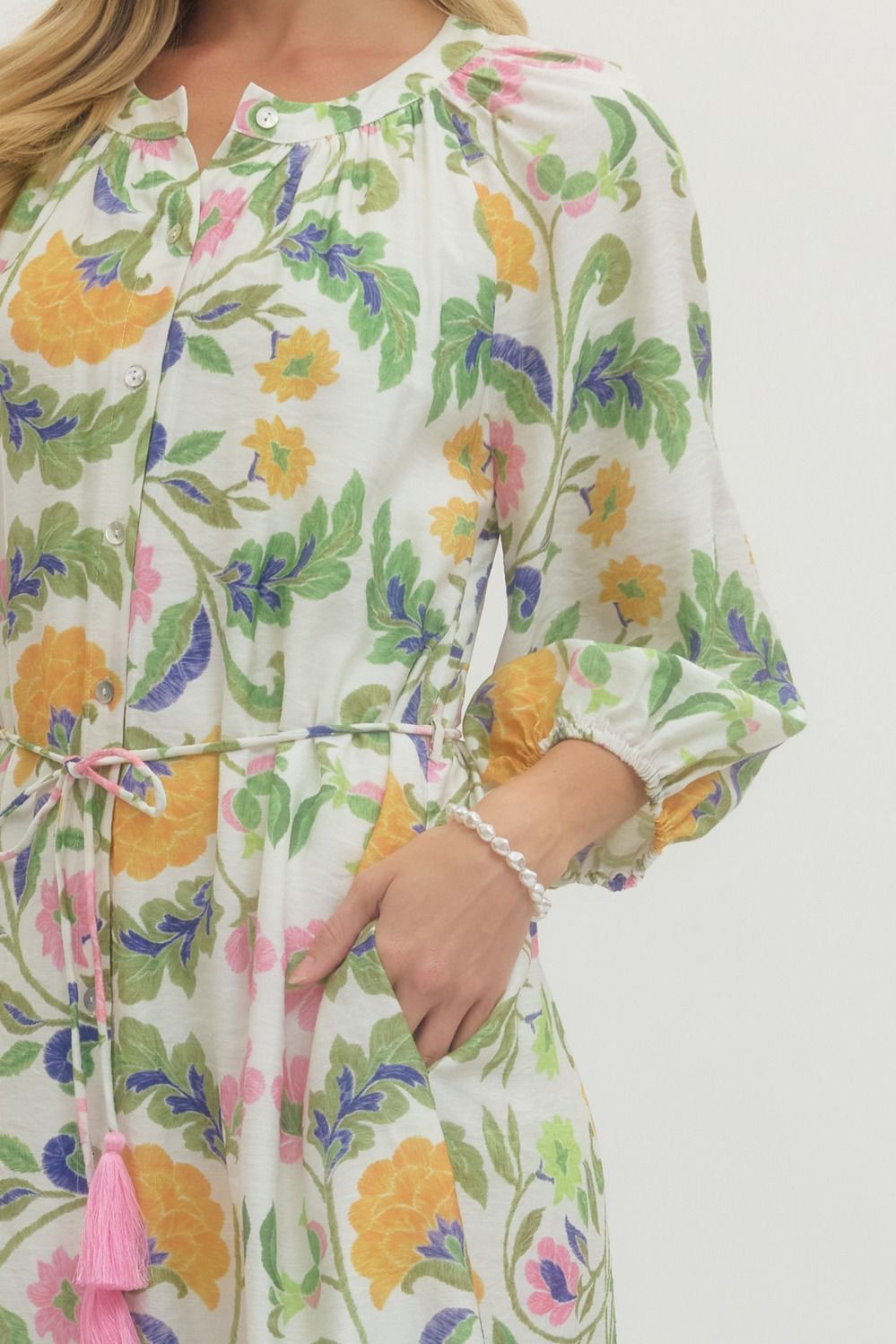 Floral Print Drawstring Waist Midi Dress - Lush Lemon - Women's Clothing - Entro - 39793121041373